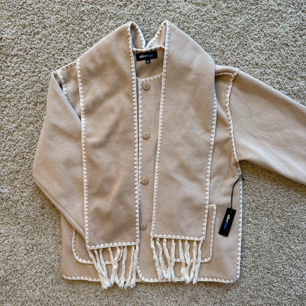 Whipstitch Tassel Scarf Jacket Button Up Beige Neutral Boho Scandi Winter Large